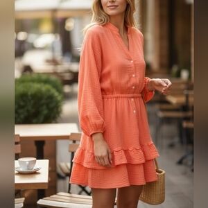 Peachy Orange Puff Sleeves Midi Button-Up Dress
